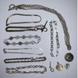 A silver neck chain, 80cm long; six silver bracelets; an Albert chain