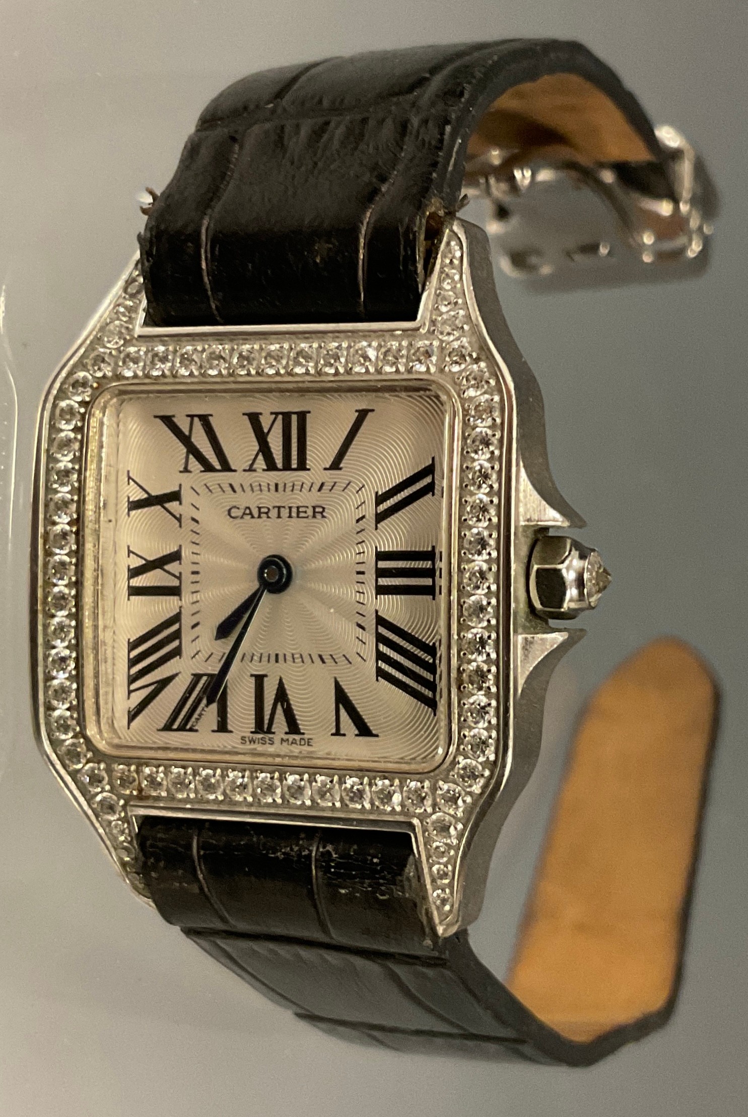 Cartier - a 925 silver Santos Dumont wristwatch, silvered dial, roman numerals, signed, Paris,