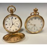 A Vertex Revue gold plated hunter cased pocket watch, white enamel dial, bold roman numerals,