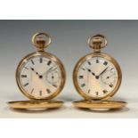 A gold plated half hunter pocket watch, white enamel dial, signed Geo Rossiter, white enamel dial,