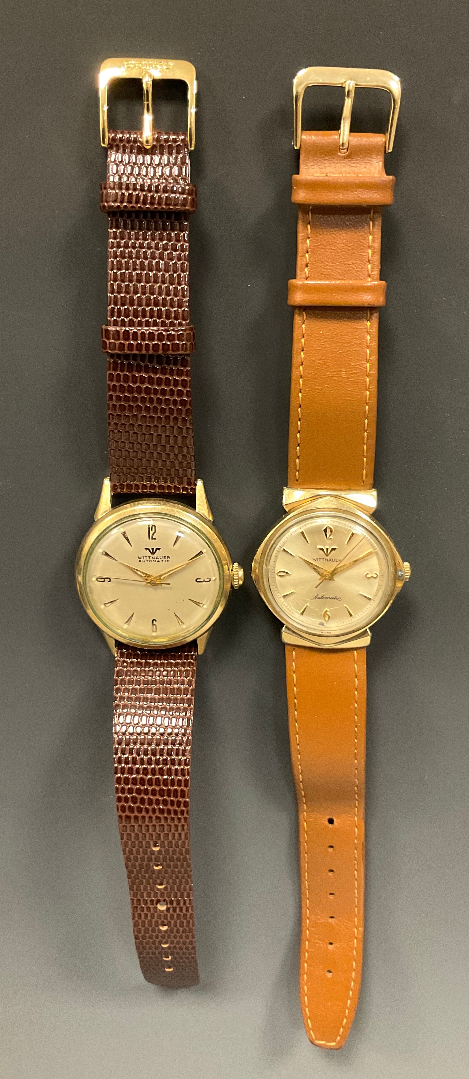 Longines Wittnauer - a 1950s/60s gold plated wristwatch, brushed steel dial, Arabic numerals and