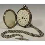 A Victorian silver open face chronograph pocket watch, white dial, Roman and Arabic numerals, centre