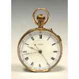A 9ct gold cased open face pocket watch, white enamel dial, bold Roman numerals, centre seconds,