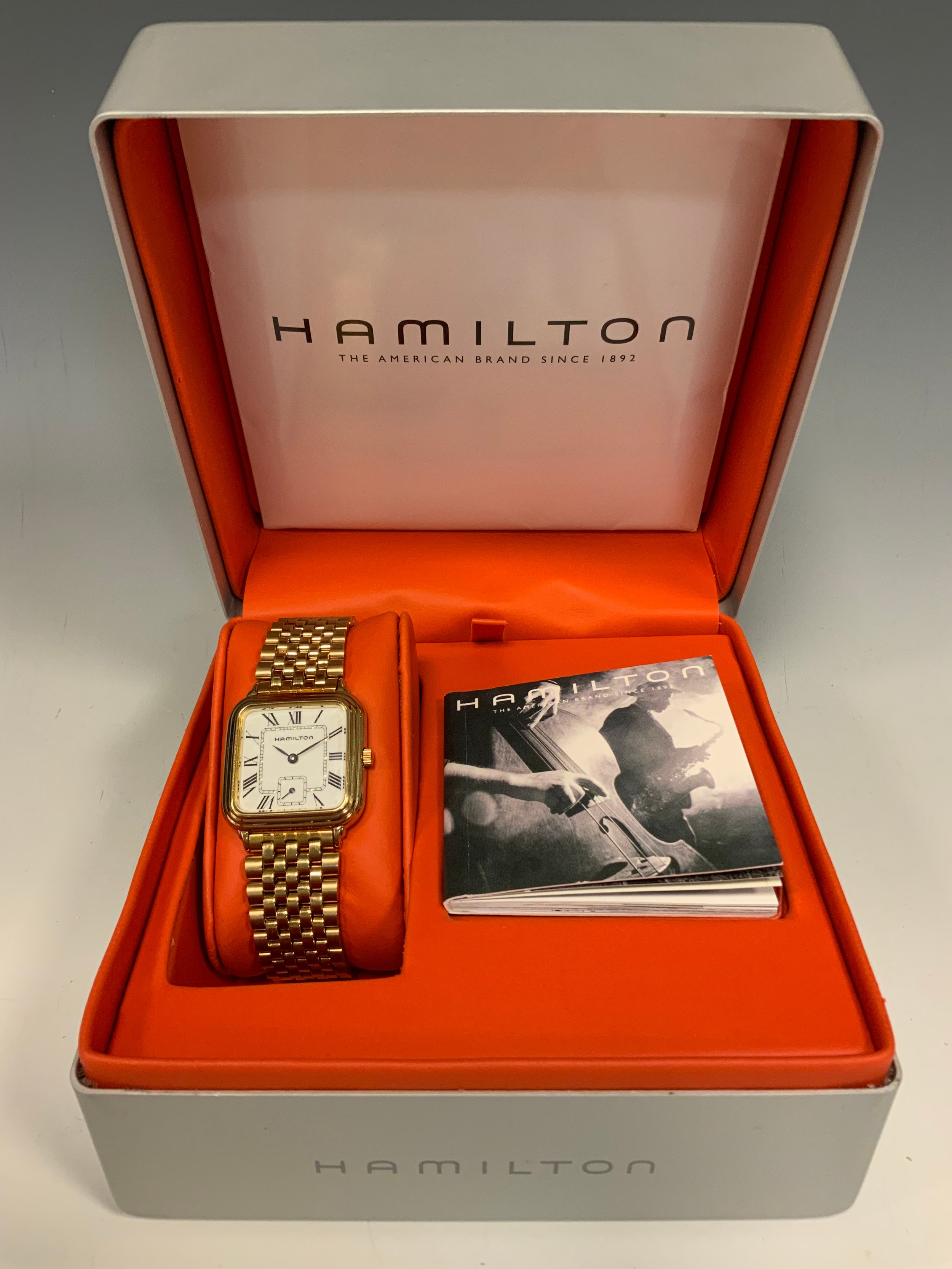 Hamilton - a classics series 6188 Greenwich gold plated bracelet watch, 26mm wide case, white square