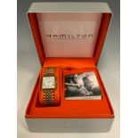 Hamilton - a classics series 6188 Greenwich gold plated bracelet watch, 26mm wide case, white square