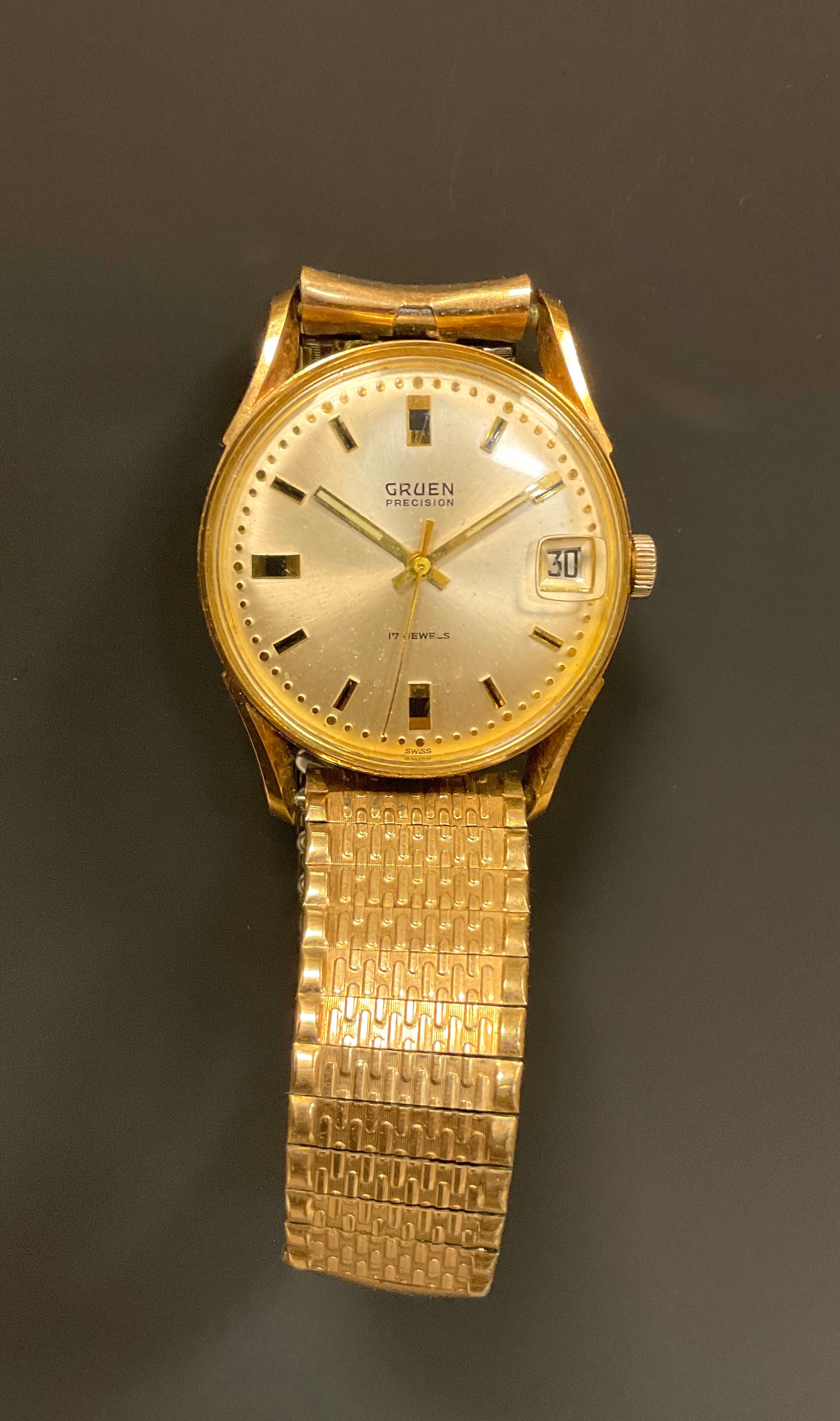 Gruen - Precision gold plated wristwatch, 33mm wide case, silver dial, block baton markers, centre - Image 2 of 2