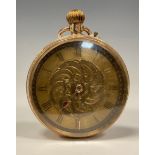 A Swiss 9ct gold cased open face pocket watch, ornate gilt dial, Roman numerals, stem wind Swiss