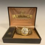 Gruen - Precision gold plated wristwatch, 33mm wide case, silver dial, block baton markers, centre