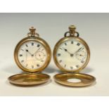 A Waltham Earl hunter gold plated cased pocket watch, white enamel dial, retailed by Schierwater &