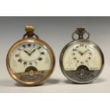 Hebdomas - a gold plated open face pocket watch, white dial, Roman numerals, open spring, 8 day stem