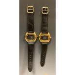 Sanford - two digital jump hour 1970s wristwatches, brushed gilt metal cases, graphite grey