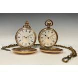 A gold plated Waltham hunter cased pocket watch, white dial, bold Roman numerals, subsidiary