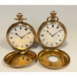 A gold plated hunter cased pocket watch, white enamel dial, Bold Roman numerals, subsidiary seconds,