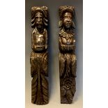 A pair of 17th century oak pilasters, carved in the baroque manner with male and female herms,