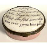 A 19th century oval Bilston enamel box, May He who loves Sincerely, Never Lone in Vain, May She Feel