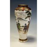 A Japanese satsuma slender ovoid vase, painted with geishas, 15.5cm high, Meiji period