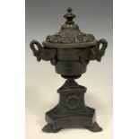 A 19th century grand tour bronze incense burner, as a classical urn, pierced floral top, three
