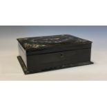 A Victorian papier mache rectangular work box, hinged cover enclosing a fitted lift-out tray, 25cm