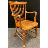 A Victorian walnut open arm desk chair, spindle back, shaped seat, turned forelegs, double H-