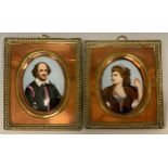 A Pair of 19th century porcelain portrait miniatures, in period copper and brass frames, 12.5cm x