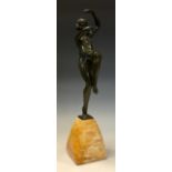 Samuel Lipchytz (1880 - 1943), a verdigris patinated bronze, of an Art Deco dancer, sienna marble