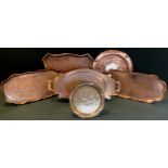 An Art & Crafts copper Art Nouveau inspired shaped oval tray, textured lozenge within Fruiting