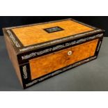 A Victorian Burr walnut and black walnut veneered mahogany writing slope, mother-of-pearl inlay, and