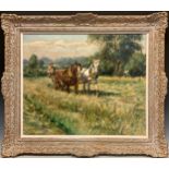 Rowland Wheelwright, R.B.A. (1870-1955) Mowing the hay, signed, oil on canvas, 49.5cm x 59.5cm.