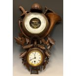 A good 19th century Black Forest barometer/thermometer/clock, the carved case as riding crop,
