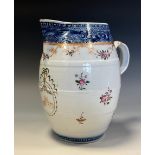 A Chinese export porcelain barrel shaped cider jug, painted with scattered sprigs and insects,