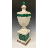 A Neo Classical white marble and malachite Urn, malachite egg-shaped finial, and banded decoration