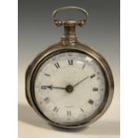 A George III silver coloured metal pair cased pocket watch, by Graham, London, 4.5cm enamel dial