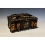 A large Victorian papier mache sarcophagus work box, hinged cover enclosing a fitted lift-out