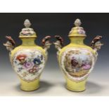 A pair of German porcelain ovoid vases and covers, decorated in polychrome with courting figures, to