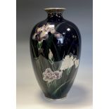 A fine Japanese cloisonne enamel ovoid vase, inlaid with silver wire and decorated with irises on