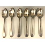 A matched set of six George II and later silver table spoons, marks part rubbed, mixed London, c.