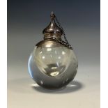 An unusual Edwardian silver and clear glass globular table cigar lighter, onion dome cover, 11cm
