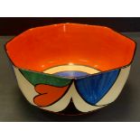 A large Clarice Cliff octagonal bowl, hand painted with a double 'V' and leaf design, c.1929,Bizzare