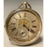 A Continental 935 silver open face pocket watch, silver dial, gilt Roman numerals, ornate swags,