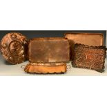 A Newlyn Art & Crafts copper tray, rounded rectangular planished body, with central oval plain