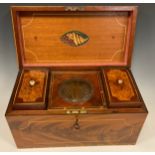 A large George III tea caddy, profusely inlaid with assorted fruit and hardwoods, Shell patera