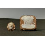 Jewellery - a square cameo brooch, maiden facing right, gold coloured metal mount, stamped 9ct, 11.