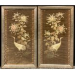 A pair of Japanese Meiji period embroideries on silk, Japanese or Red-crowned Cranes beside