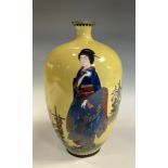 A Japanese cloisonne enamel ovoid vase, decorated in polychrome with a Geisha, on a yellow ground,