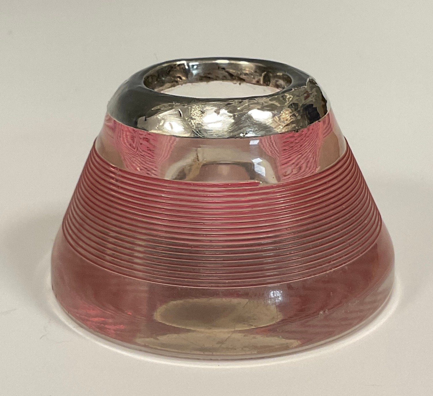An Edwardian coloured glass match striker, pale pink and clear ringed glass body, silver rim, London