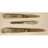 A Victorian carved Mother of Pearl handled fruit knife, silver blade, John Oxley, Sheffield 1859,