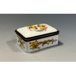 A Continental silver coloured metal mounted porcelain rounded rectangular snuff box, painted in