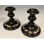 A pair of Ashford Marble Boudoir candlesticks, turned columns, each inlaid to base with a band of