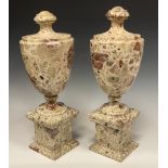 A pair of large Grand Tour specimen marble mantel urns, in tones of green, red and cream, 37cm high,