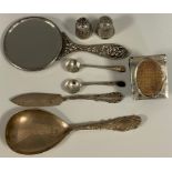 Silver - a silver caddy spoon, Birmingham 1904; pair of silver mustard spoons; silver butter